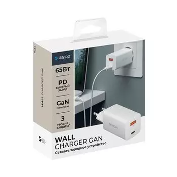 Сетевое зарядное устройство Deppa (11434) Wall charger gan 65W 3.0А USB/Type-C (белый)