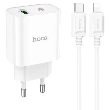 Сетевое зарядное устройство Hoco (C80A Plus) Rapido Type-C/USB/PD20W/QC3.0 + кабель Lightning (белый)