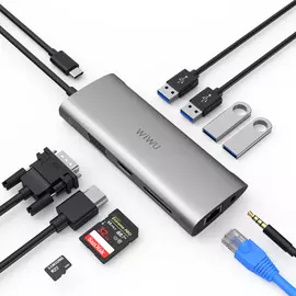 Адаптер Wiwu Alpha USB-C 11 в 1 на USB 3.0/USB 2.0//SD/Micro SD/HDMI/RJ45/Stereo/VGA/Type-C (Silver)