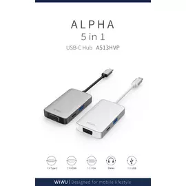 Адаптер Wiwu Alpha USB-C 5 в 1 на USB 3.0/PD/Stereo/HDMI/VGA (A513HVP) (Silver)