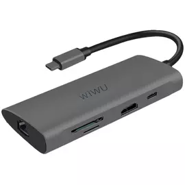 Адаптер Wiwu Alpha USB-C 8 в 1 на USB 3.0/Type-C/SD/Micro SD/HDMI/RJ45 (A831HRT) (Gray)