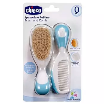 Chicco Набор детский расческа+щетка натуральная щетина Голубой