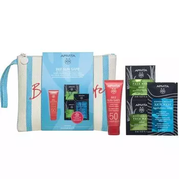 Apivita Bee Sun Safe Набор освежающий гель-крем SPF50 50мл, маска для лица с Алоэ 2х8мл, увлажняющая маска для волос 20мл