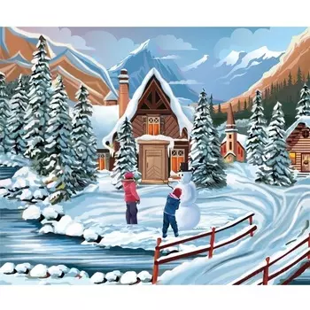 Алмазная вышивка Школа талантов с полным заполнением Снеговик и дети 50х60 см