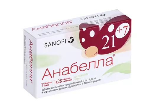 Анабелла 3 мг+0.03 мг, 28 шт, таблетки покрытые пленочной оболочкой