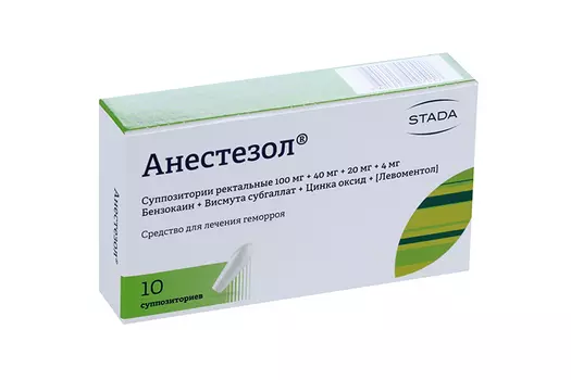 Анестезол 100 мг+40 мг+20 мг+4 мг, 10 шт, суппозитории