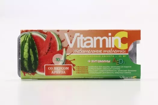 Аскорбиновая к-та с вит А/Е/Д3 арбуз, 10 шт, таблетки жевательные