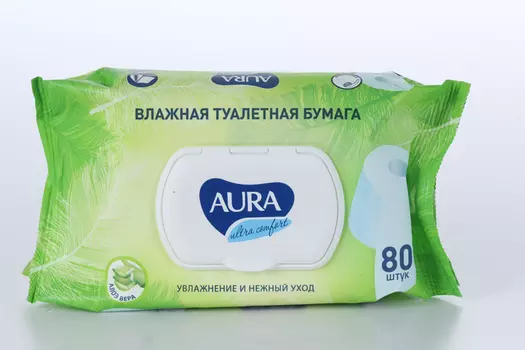 Aura влажная туалетная бумага с крышкой, 80 шт