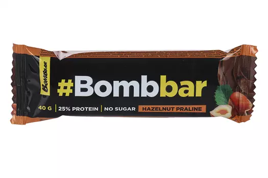Батончик БомбБар протеиновый глазированный фундучное пралине, 40 г