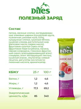 Батончик мюсли DiYes "Лесная ягода" без добавления сахара, без лактозы, постный, веган 25г