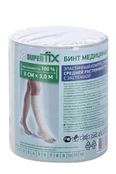 Бинт SUPERFIX мед эласт компрессион средн растяж с застежкой 8 см х3 м