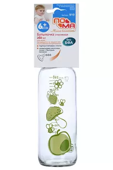 Бутылочка Пома стеклянная с силиконовой соской/быстрым потоком с 6 мес зеленая(910), 260 мл