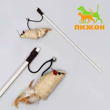 Дразнилка "Эко" мышь из хлопка на деревянной палочке