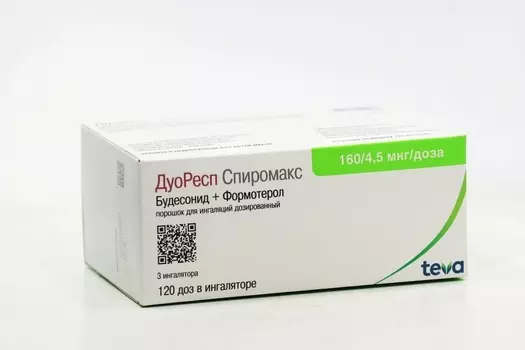ДуоРесп Спиромакс 160 мкг+4.5 мкг/доза, 120 доз, 3 шт, порошок для ингаляций дозированный