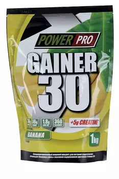 Гейнер POWER PRO 30 с предтренировочным комплексом + креатин вкус банан, 1 кг