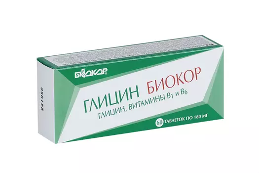 Глицин Биокор с витаминами В6 и В1, 180 мг, 60 шт, таблетки
