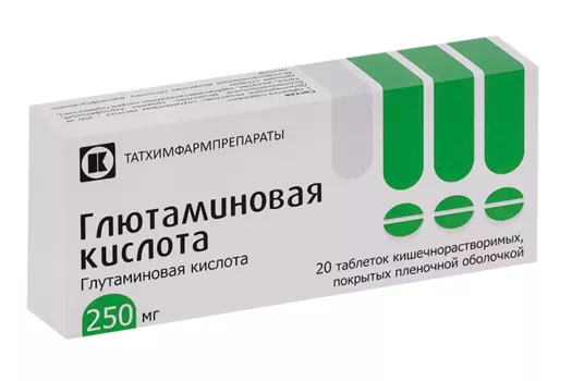 Глютаминовая кислота 250 мг, 20 шт, таблетки кишечнорастворимые покрытые пленочной оболочкой