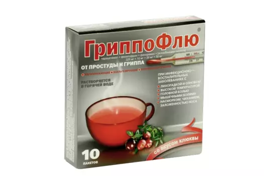 ГриппоФлю от простуды и гриппа 325 мг+10 мг+20 мг+50 мг, 13 г, 10 шт, порошок для приготовления раствора для приема внутрь клюква
