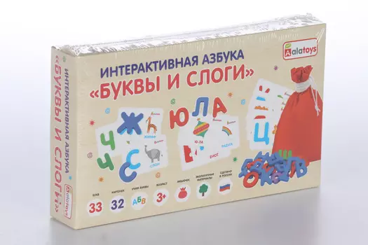 Интерактивная азбука Алатойс буквы и слоги 33буквы/32 карточки/мешочек