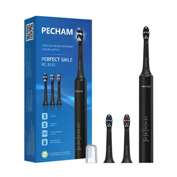 Электрическая зубная щетка PECHAM Perfect Smile Black, для взрослых с 3 сменными насадками, режимом
