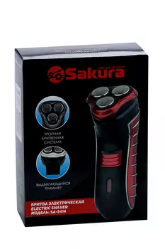 Электробритва Sakura SA-5414RB, сеточная, 3 плавающие головки, триммер, АКБ, красная