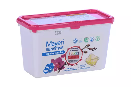 Капсулы Mayeri Sensitive д/стирки белья в коробке 18 шт