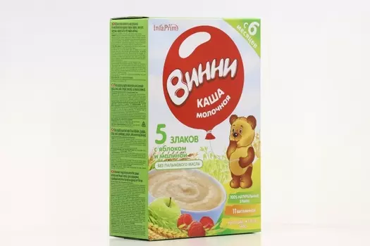 Каша Винни молочная 5 злаков/яблоко/малина (с 6 мес), 200 г