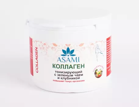 Коллаген ASAMI Тонизирующий с зеленым чаем и клубникой, порошок 200 гр.