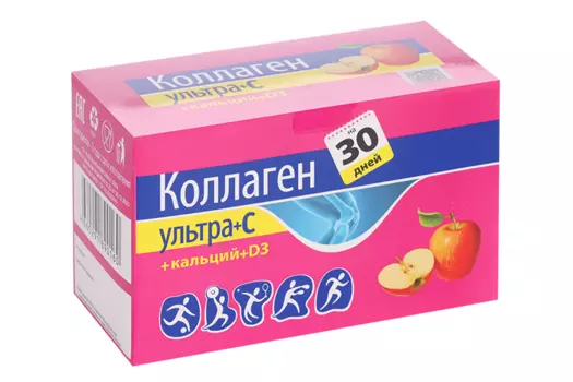 Коллаген Ультра+С+Д3/яблоко, 8 г, 30 шт, порошок для приготовления раствора