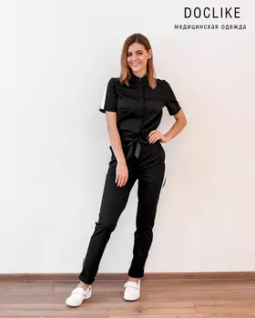 Комбинезон DOCLIKE медицинский женский DL 613/1 c лампас в стиле спорт-шик черный/белый р 48