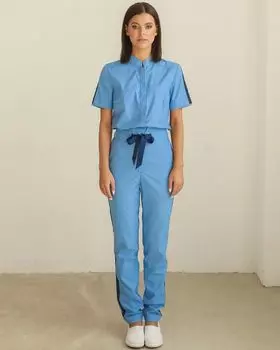 Комбинезон DOCLIKE медицинский женский DL 614/1 c лампас в стиле спорт-шик голубой/синий р 46