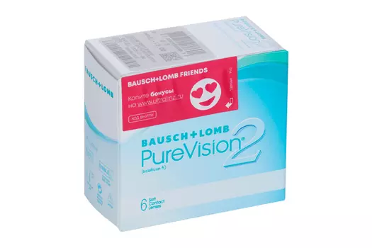 Линзы Bausch+Lomb Pure Vision 2 контактные R 8.6 (диоптрия -12,00), 6 шт