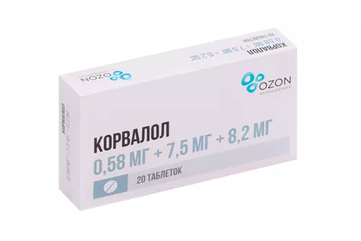 Корвалол 0.58 мг+7.5 мг+8.2 мг, 20 шт, таблетки