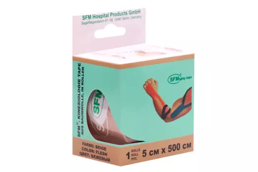 Лейкопластырь SFM кинезио тейп в диспенсере рулон с логотипом 5х500 см, бежевый