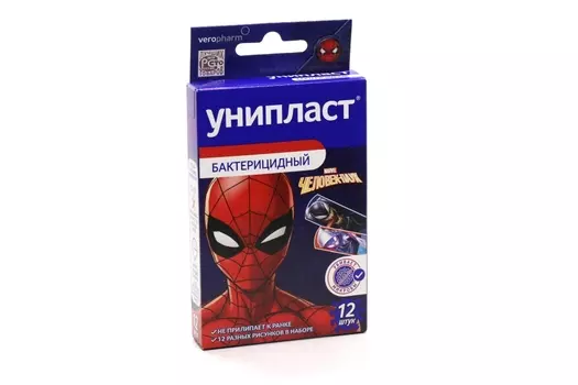 Лейкопластырь Унипласт бактер детск Человек-паук, 12 шт