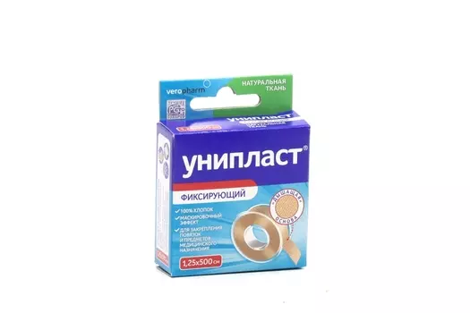 Лейкопластырь Унипласт фиксир 1.25х500 см, на ткан основе натур