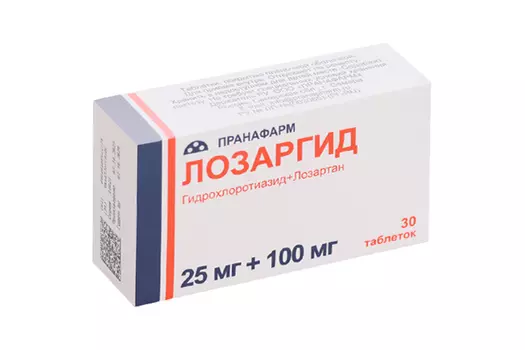 Лозартан+гидрохлортиазид Лозаргид 25 мг+100 мг, 30 шт, таблетки покрытые пленочной оболочкой