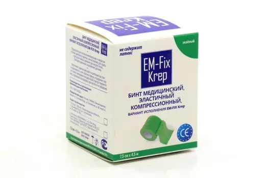 Медицинский бинт EM-Fix Krep эластичный компресс стягивающий 7,5 смх4,5 м зеленый