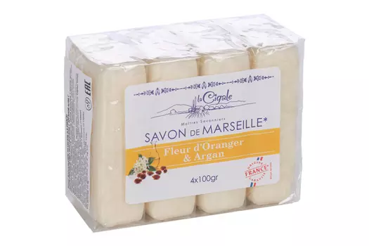 Мыло La Cigale Savon De Marseille твердое д/тела/рук масло арганы/цветок апельсина, 100 г, 4 шт