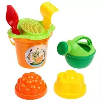 Набор №238: ведро малое, ситечко-цветок, совок, грабельки, 2 формочки, лейка малая, цвета МИКС