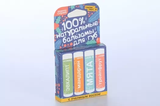 Набор бальзам д/губ Сделанопчелой с пчелин воском зимняя серия эвкалипт/мандарин/мята/грейпф, 4 шт