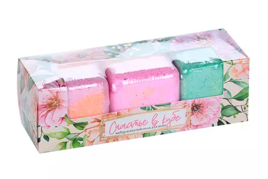 Набор КАТРИН бомбочки д/ванны счастье в кубе роза/пион/лаванда, 130 г, 3 шт