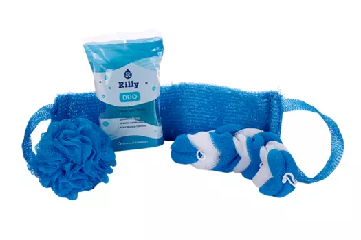 Набор мочалок Rilly д/душа косичка/шар 50гр/вязанная 43 см/губка duo голубой