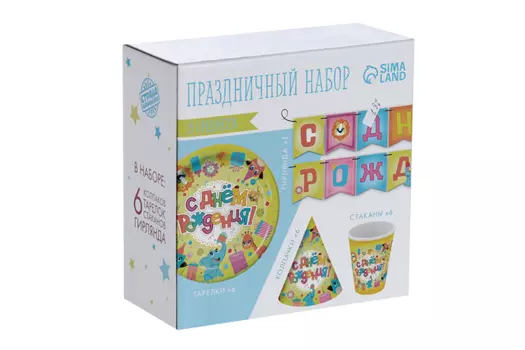 Набор Страна Карнавалия бумаж посуды Веселые животные 6 тарелок/гирлянда/6 стаканов/6 колпаков