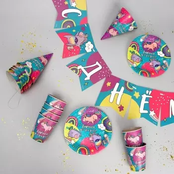 Набор Страна Карнавалия бумажной посуды «Улетного Дня Рождения» 6 тарелок/6 стаканов/6 колпаков