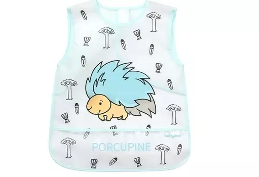 Нагрудник Бэйбионо Ежик детский непромокаемый с кармашком (24+ мес), мятный/серый