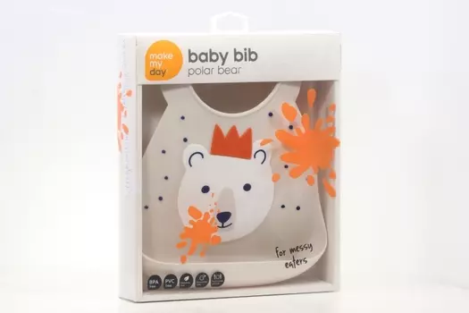 Нагрудник Мейк Май Дей с кармашком медвежонок в короне темно-бежевый белый