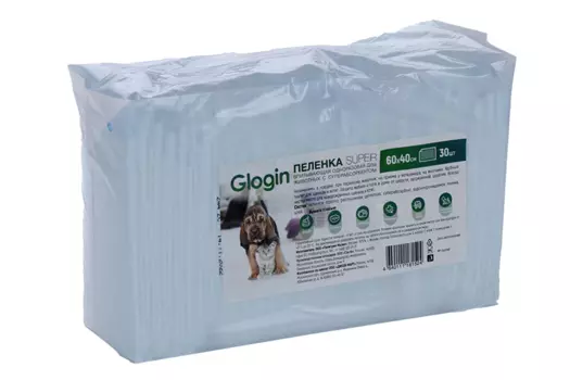 Пеленка GLOGIN super д/животных впитывающая одноразовая с суперабсорбентом 60х40 см 30 шт