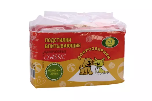 Пеленки Доброзверики д/животных впитывающие одноразовые 60х40 см 30 шт