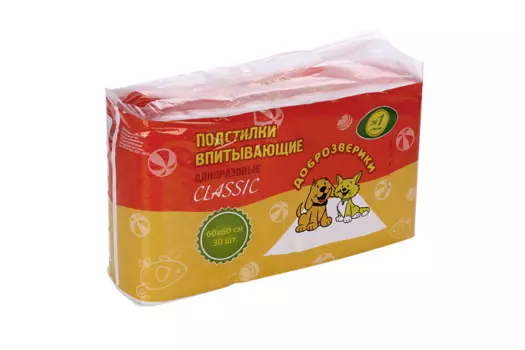 Пеленки Доброзверики д/животных впитывающие одноразовые 60х60 см 30 шт
